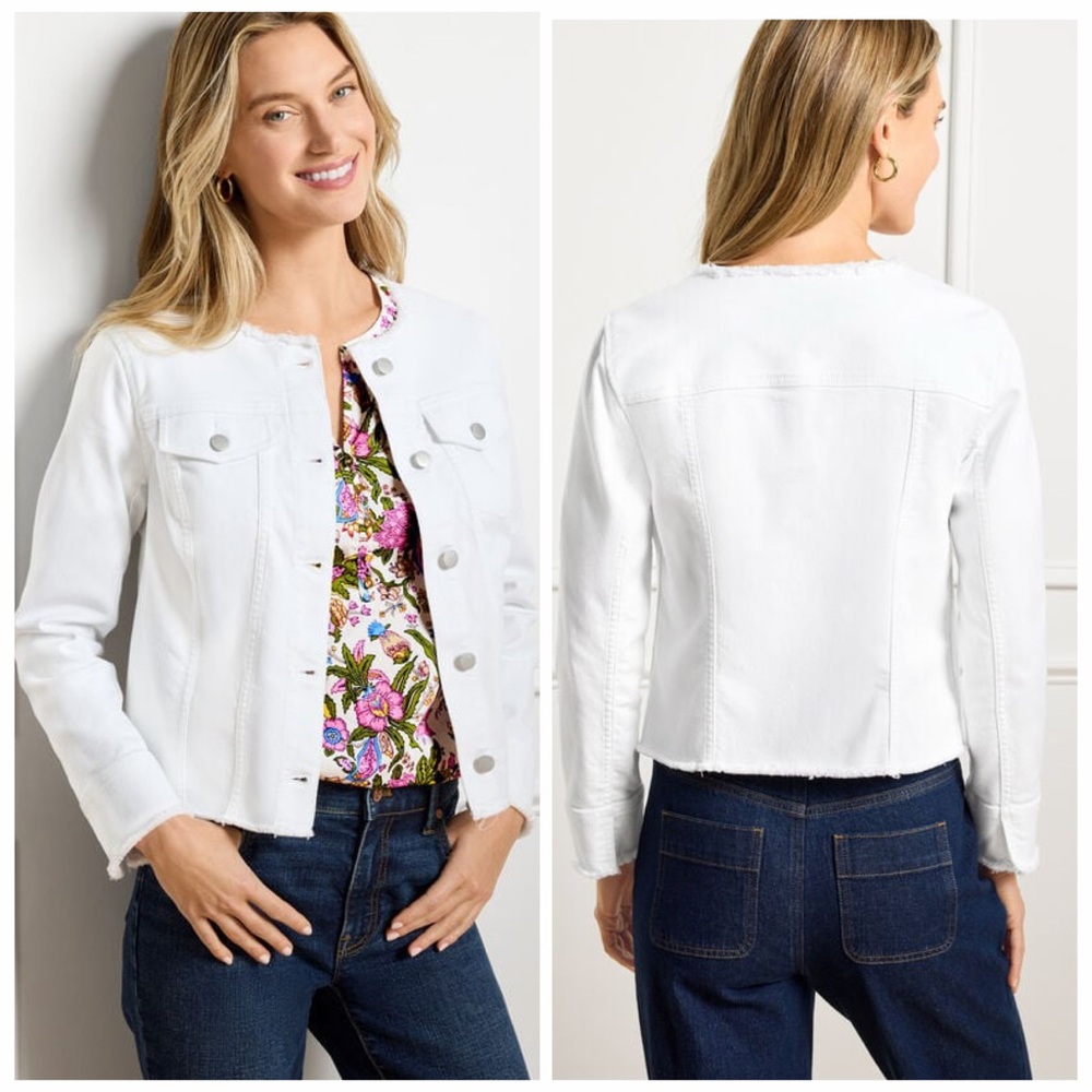 TALBOTS WOMENS WHITE COLLARLESS JEAN JACKET